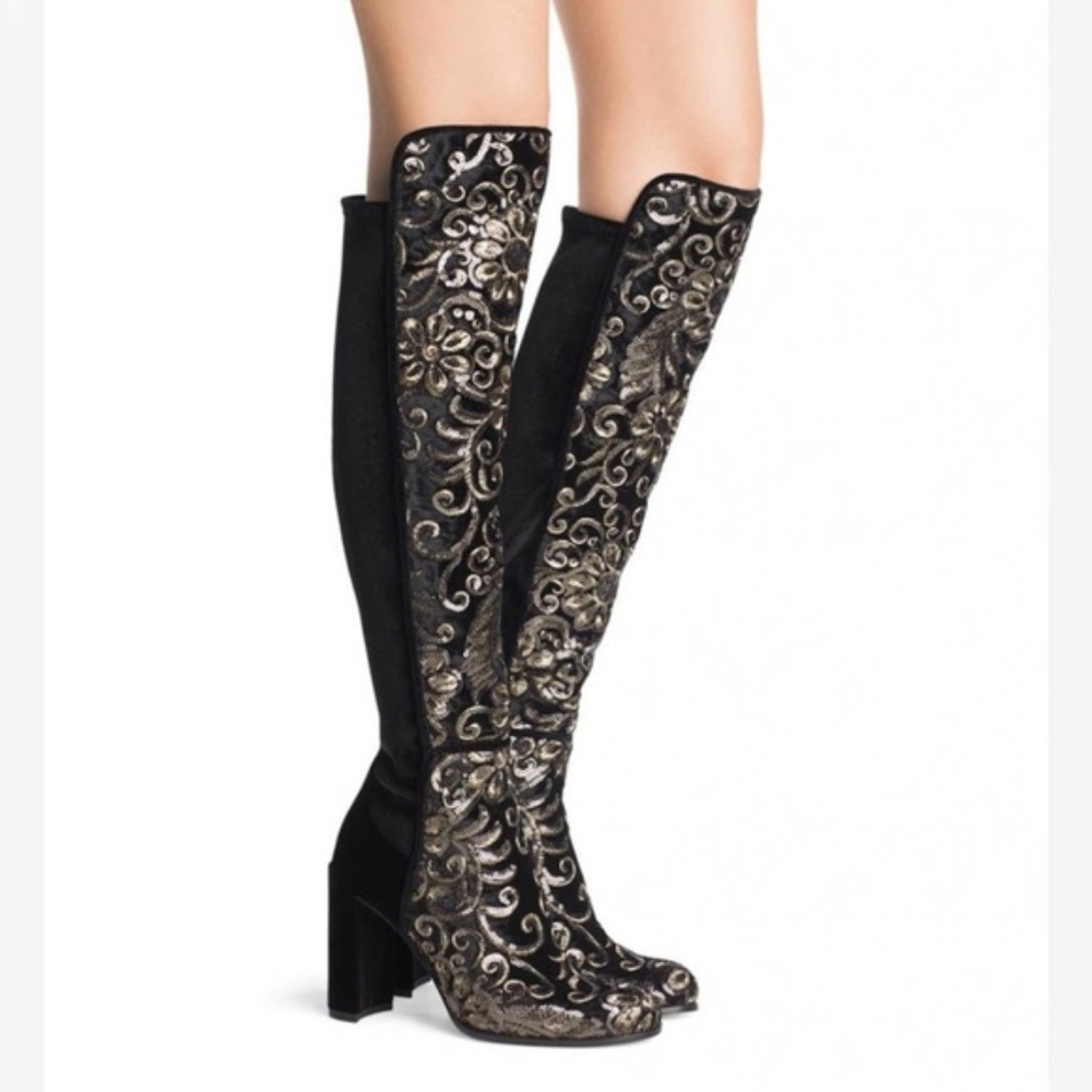 $990 Stuart Weitzman Black Velvet Embroidered Tall